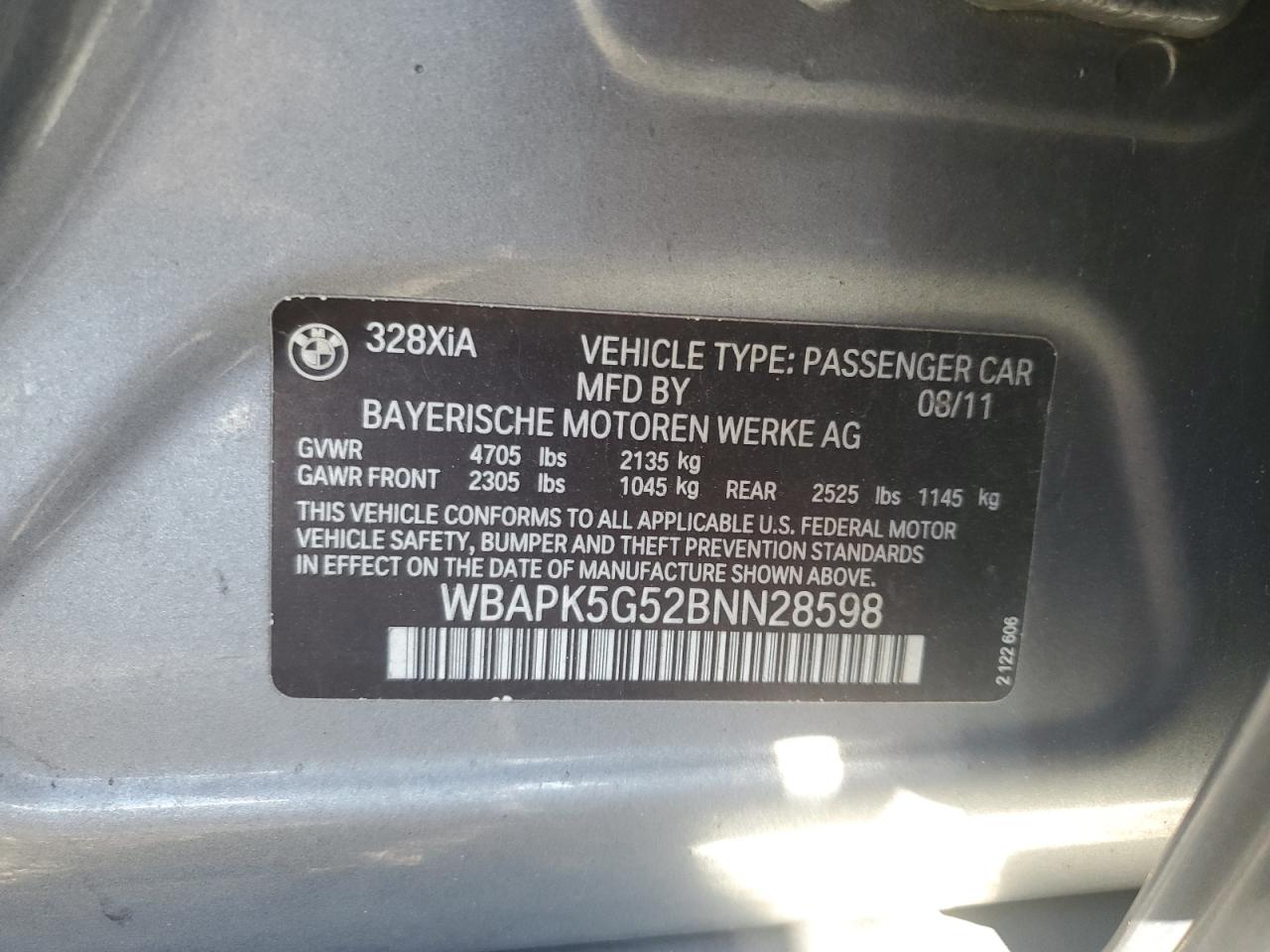 2011 BMW 328 Xi Sulev VIN: WBAPK5G52BNN28598 Lot: 61337865