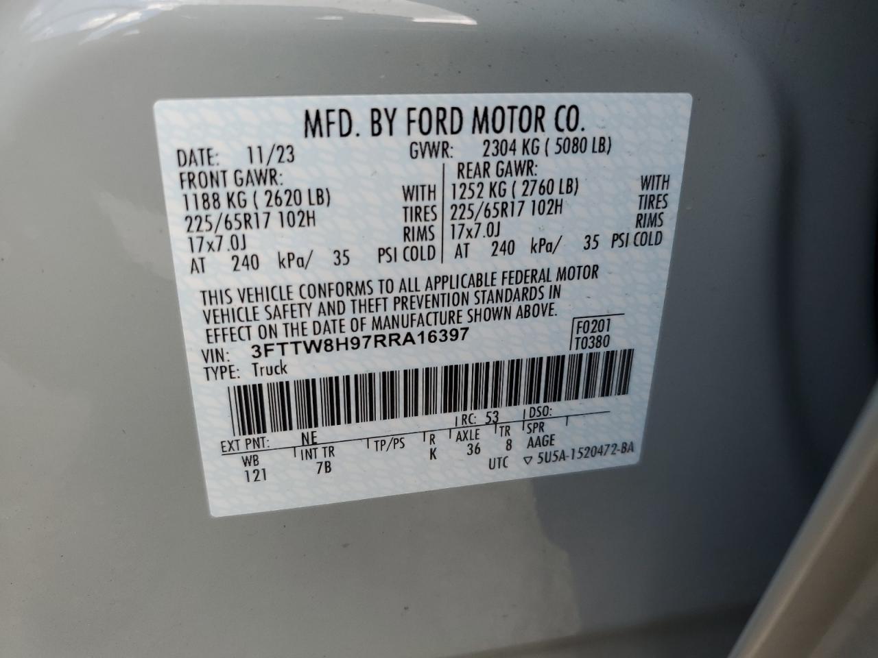 2024 Ford Maverick Xlt VIN: 3FTTW8H97RRA16397 Lot: 62136895