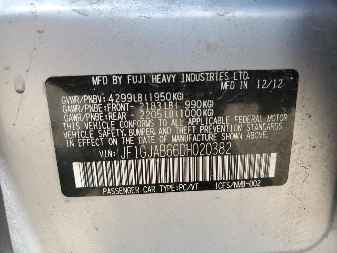 2013 Subaru Impreza Premium VIN: JF1GJAB66DH020382 Lot: 62413515