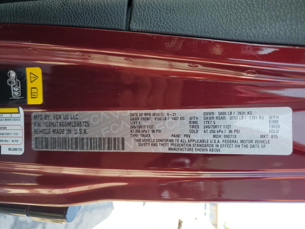 2021 Jeep Gladiator Sport VIN: 1C6HJTAG5ML598725 Lot: 61992795