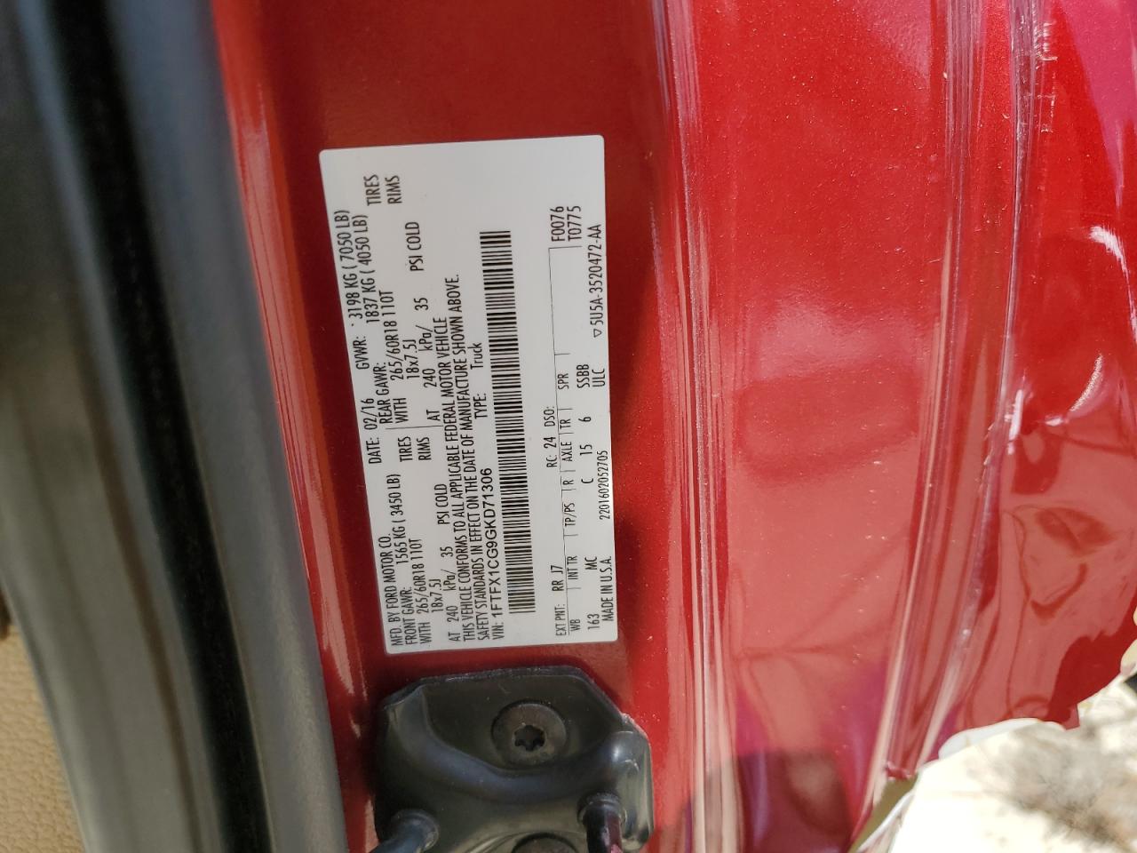 2016 Ford F150 Super Cab VIN: 1FTFX1CG9GKD71306 Lot: 61919635
