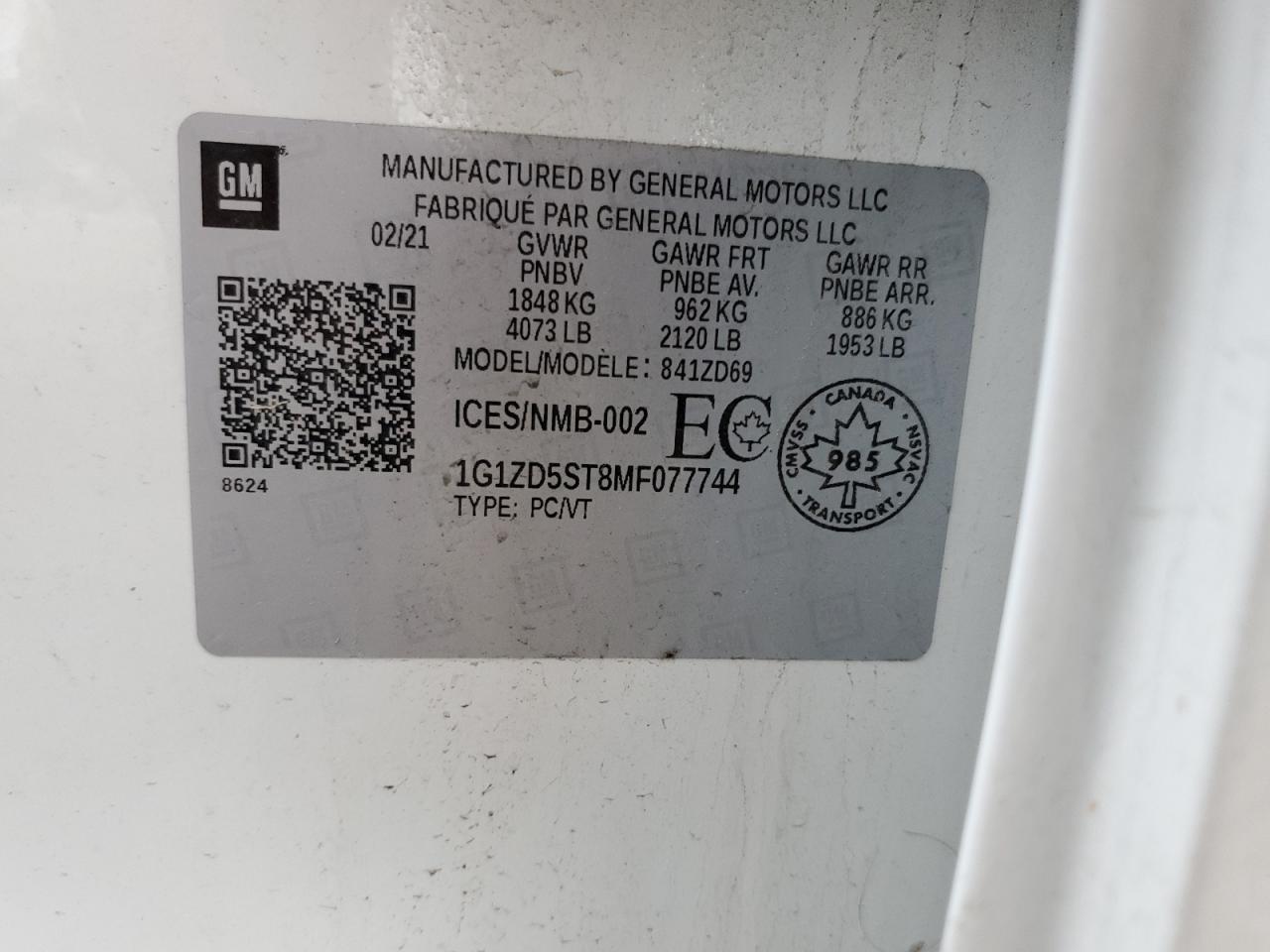 2021 Chevrolet Malibu Lt VIN: 1G1ZD5ST8MF077744 Lot: 61360405