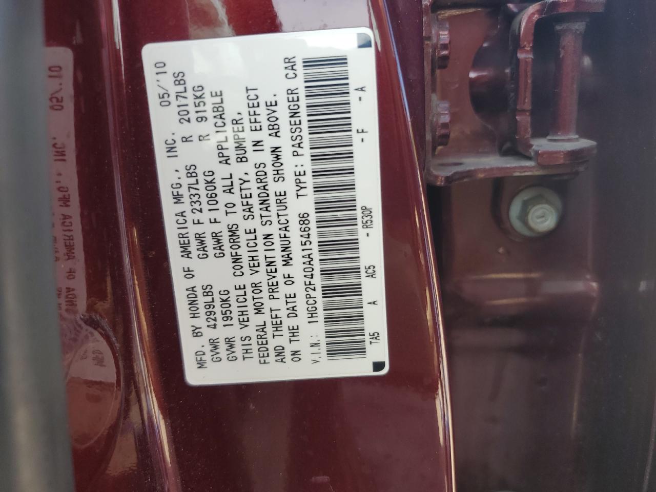 2010 Honda Accord Lxp VIN: 1HGCP2F40AA154686 Lot: 61969855