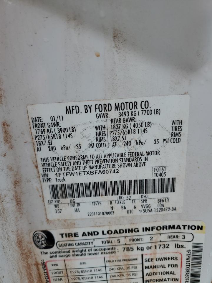 2011 Ford F150 Supercrew VIN: 1FTFW1ETXBFA60742 Lot: 59962285