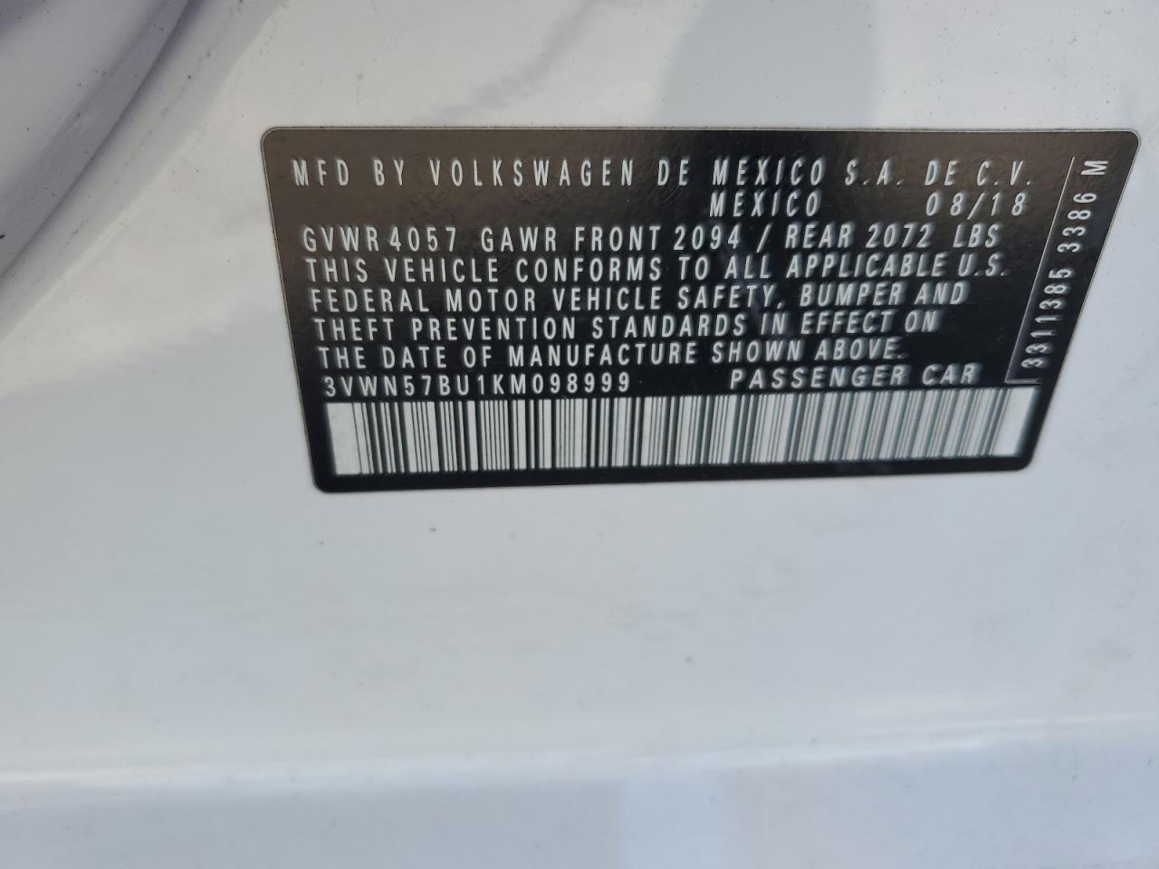 2019 Volkswagen Jetta S VIN: 3VWN57BU1KM098999 Lot: 63129155