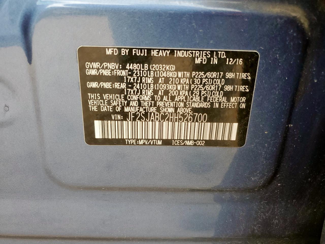 2017 Subaru Forester 2.5I VIN: JF2SJABC2HH526700 Lot: 61456545