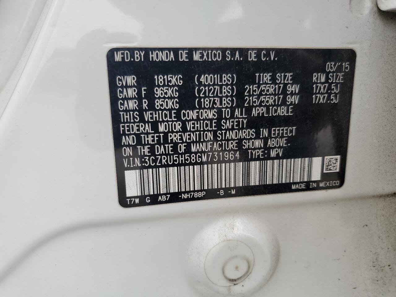 2016 Honda Hr-V Ex VIN: 3CZRU5H58GM731964 Lot: 60553365