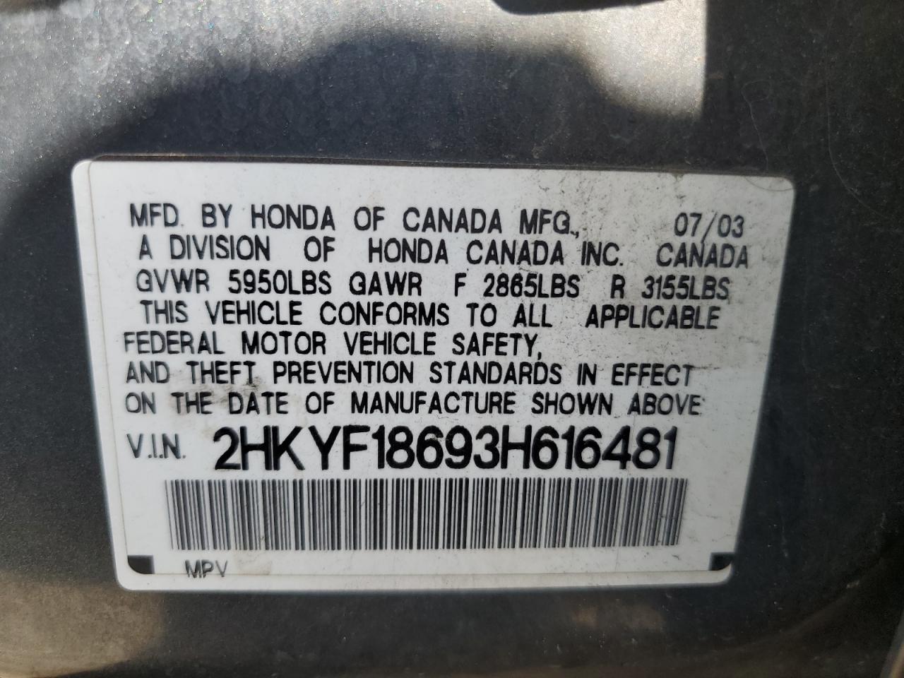 2003 Honda Pilot Exl VIN: 2HKYF18693H616481 Lot: 61481035