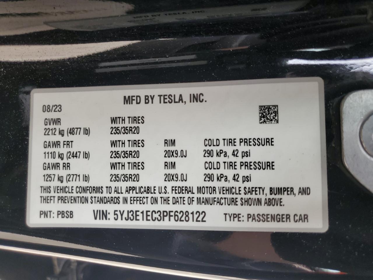 2023 Tesla Model 3 VIN: 5YJ3E1EC3PF628122 Lot: 63002895
