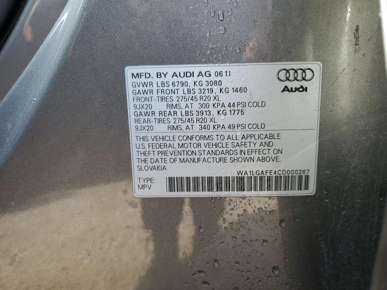 2012 Audi Q7 Premium Plus VIN: WA1LGAFE4CD000267 Lot: 61656055