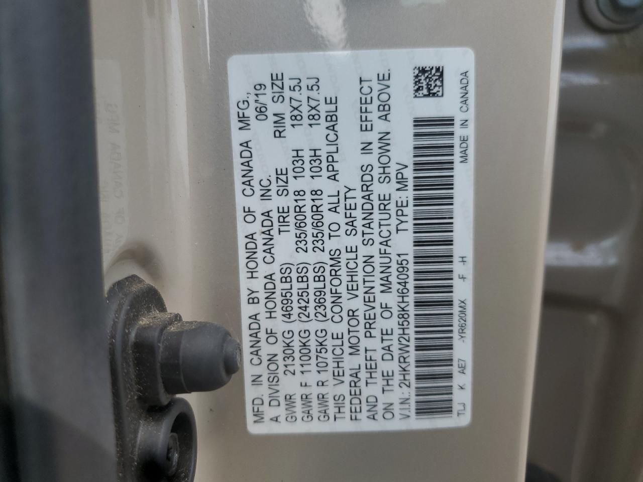 2019 Honda Cr-V Ex VIN: 2HKRW2H58KH640951 Lot: 59439745