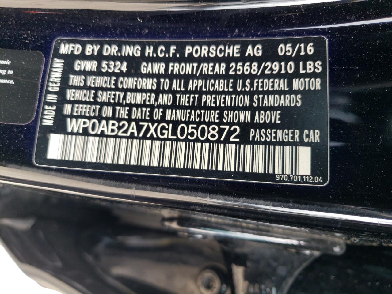 2016 Porsche Panamera S VIN: WP0AB2A7XGL050872 Lot: 62006405