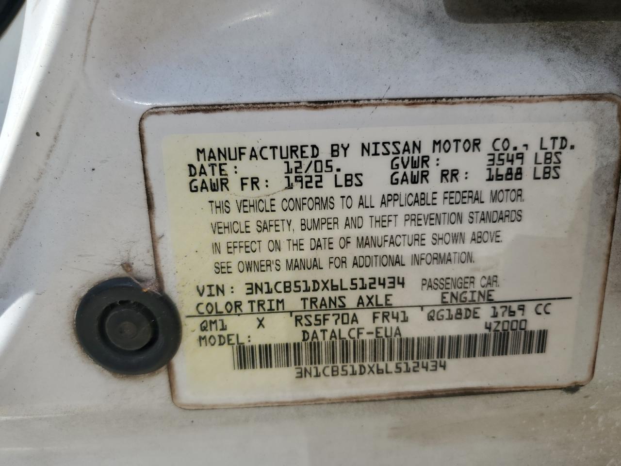 2006 Nissan Sentra 1.8 VIN: 3N1CB51DX6L512434 Lot: 61960265