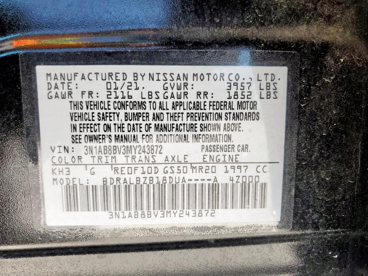 2021 Nissan Sentra S VIN: 3N1AB8BV3MY243872 Lot: 62505685