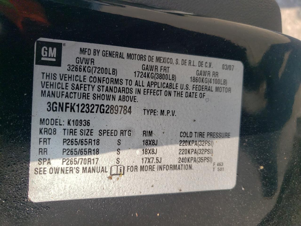 2007 Chevrolet Avalanche K1500 VIN: 3GNFK12327G289784 Lot: 62849635