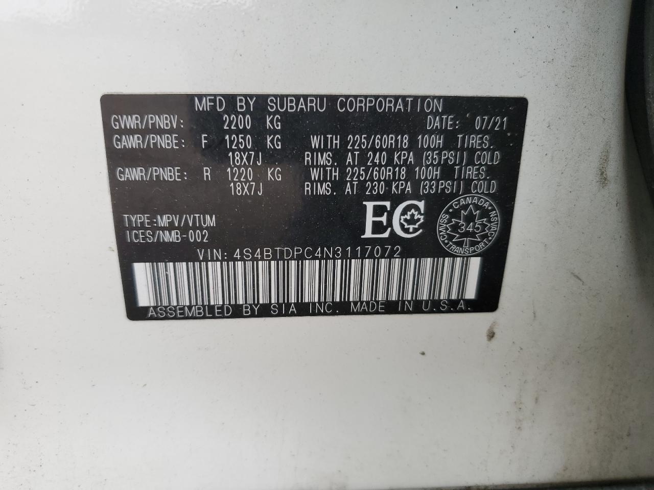 2022 Subaru Outback Premier VIN: 4S4BTDPC4N3117072 Lot: 62466685