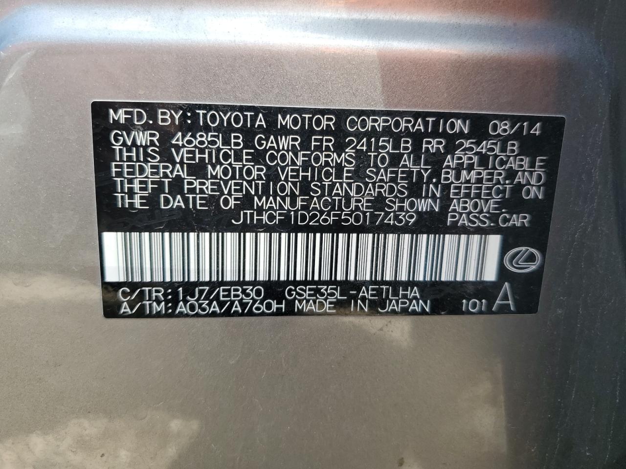 2015 Lexus Is 250 VIN: JTHCF1D26F5017439 Lot: 62004435
