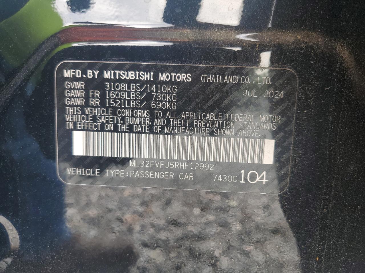 2024 Mitsubishi Mirage G4 Se VIN: ML32FVFJ5RHF12992 Lot: 60068475
