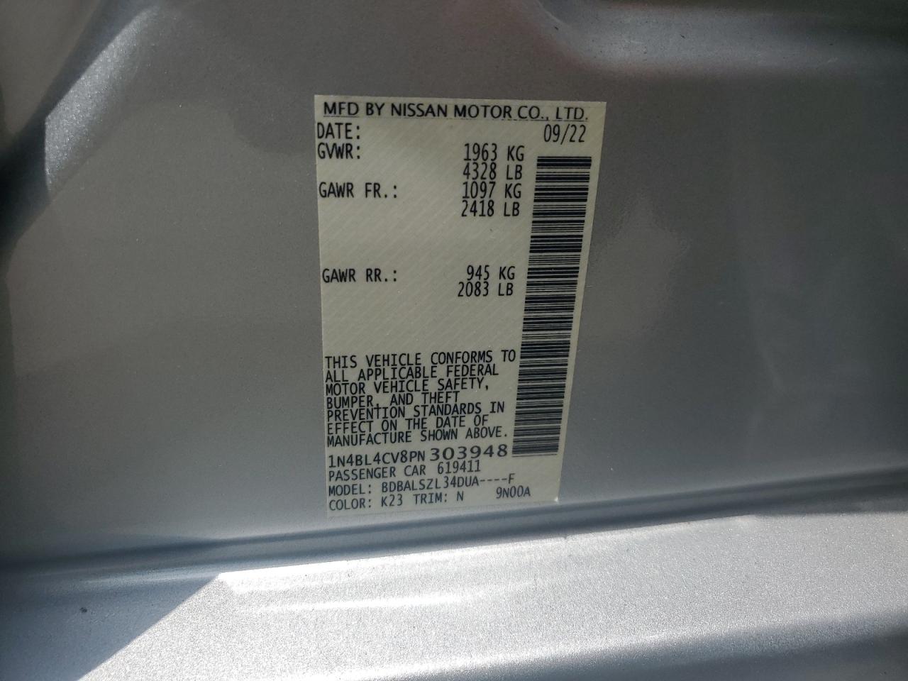 2023 Nissan Altima Sr VIN: 1N4BL4CV8PN303948 Lot: 60046335