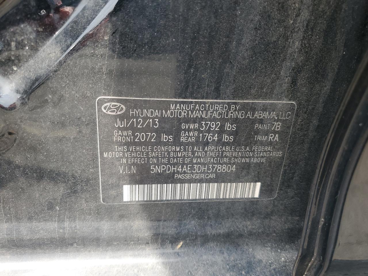 2013 Hyundai Elantra Gls VIN: 5NPDH4AE3DH378804 Lot: 62655445