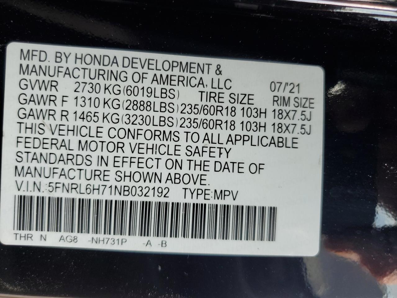 2022 Honda Odyssey Exl VIN: 5FNRL6H71NB032192 Lot: 61877705