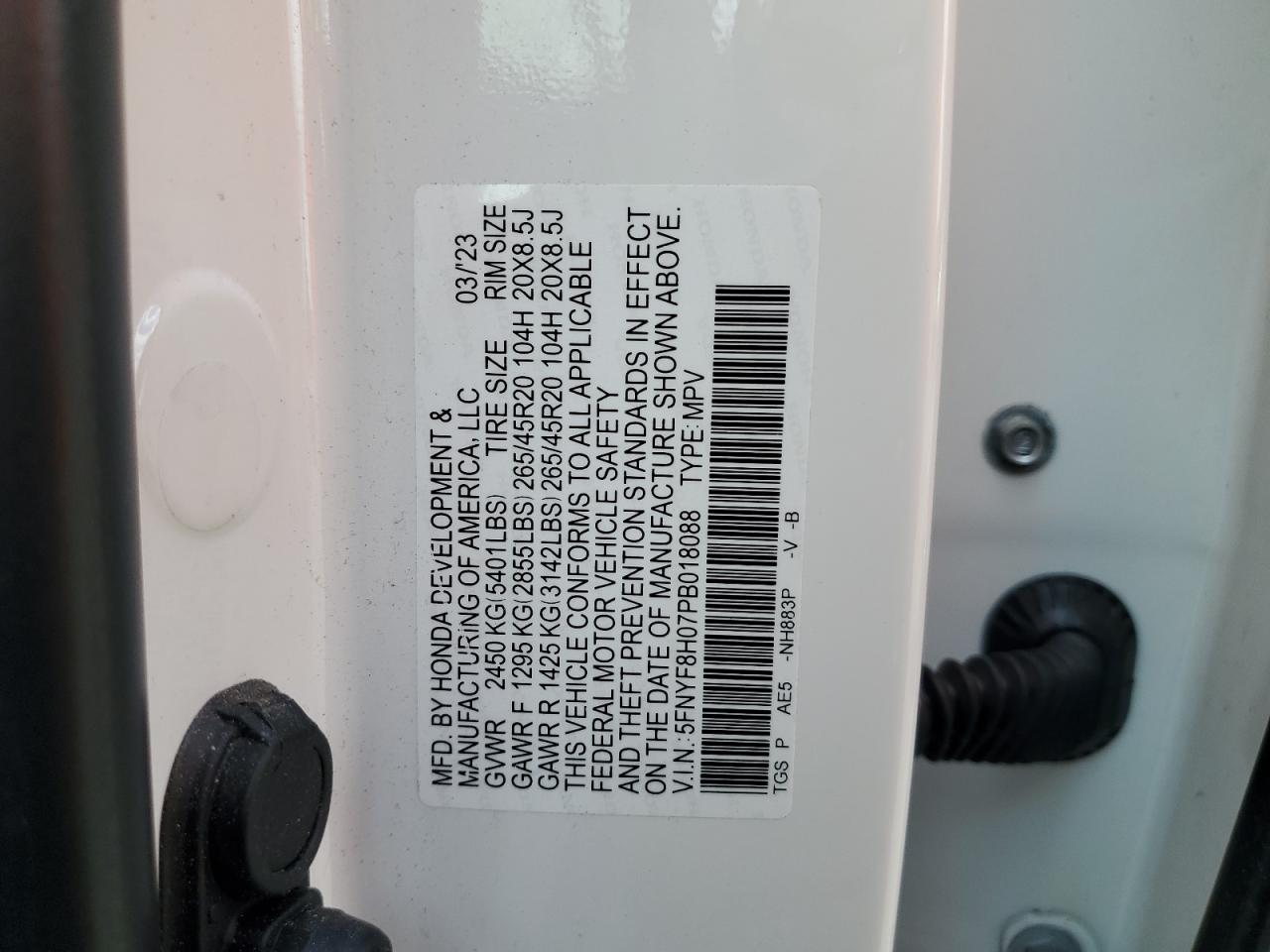 2023 Honda Passport Elite VIN: 5FNYF8H07PB018088 Lot: 61335205