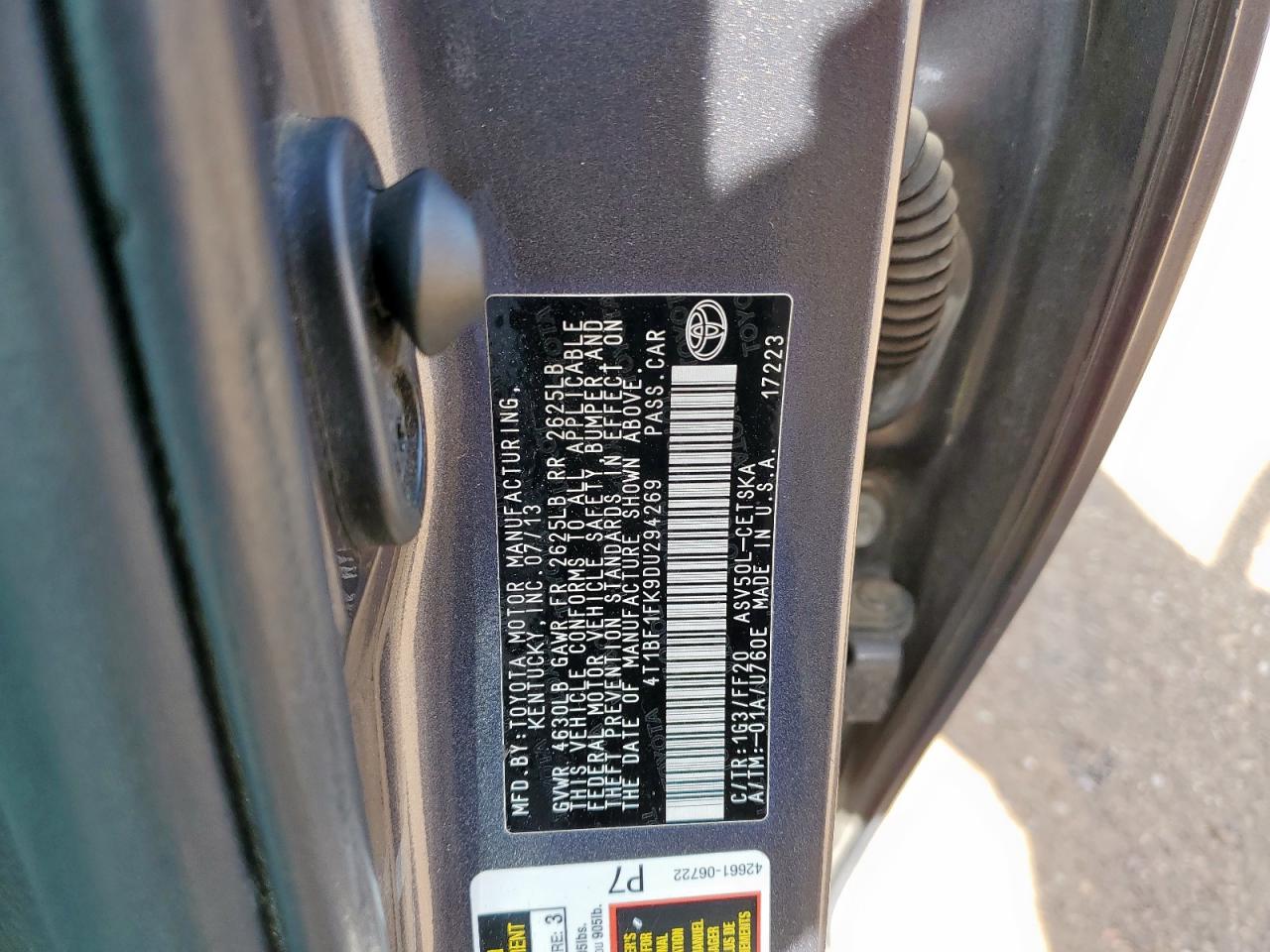 2013 Toyota Camry L VIN: 4T1BF1FK9DU294269 Lot: 63020825