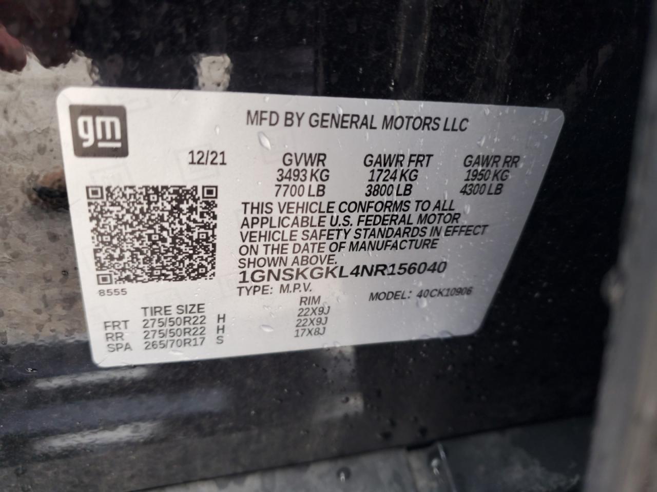 2022 Chevrolet Suburban K1500 High Country VIN: 1GNSKGKL4NR156040 Lot: 60403225