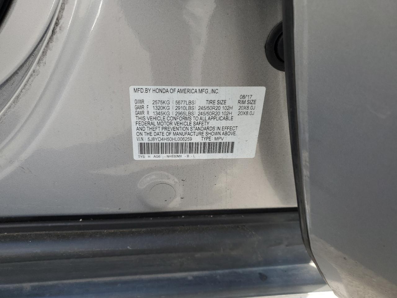 2017 Acura Mdx Technology VIN: 5J8YD4H50HL006259 Lot: 62184655