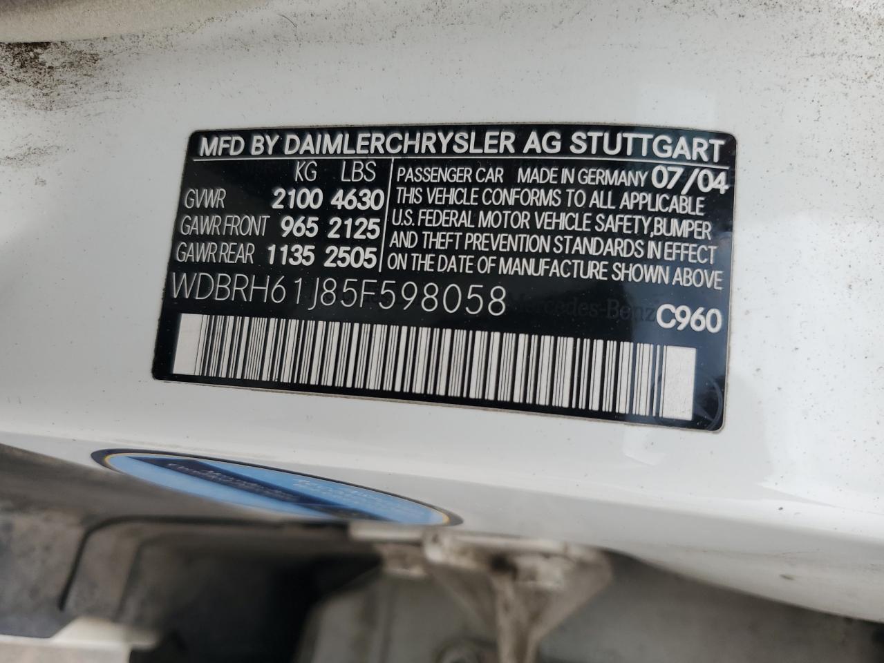 2005 Mercedes-Benz C 240 Sportwagon VIN: WDBRH61J85F598058 Lot: 60553645