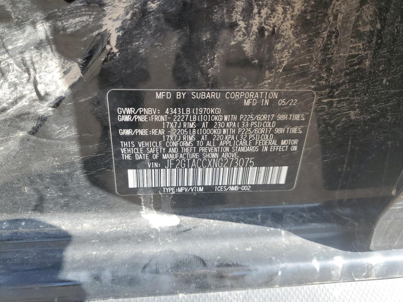 2022 Subaru Crosstrek Premium VIN: JF2GTACCXNG273075 Lot: 61877395