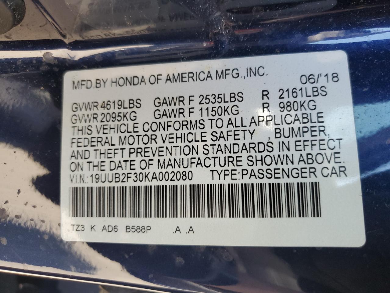 2019 Acura Tlx VIN: 19UUB2F30KA002080 Lot: 62306485