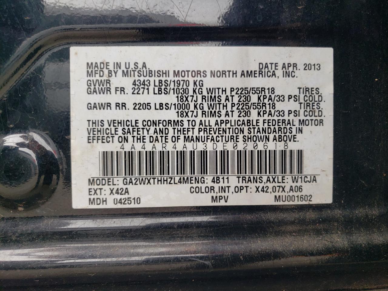 MITSUBISHI OUTLANDER 2013 VIN 4A4AR4AU3DE020618 фото 13