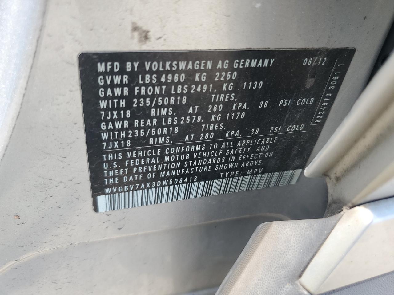 2013 Volkswagen Tiguan S VIN: WVGBV7AX3DW508413 Lot: 62557895