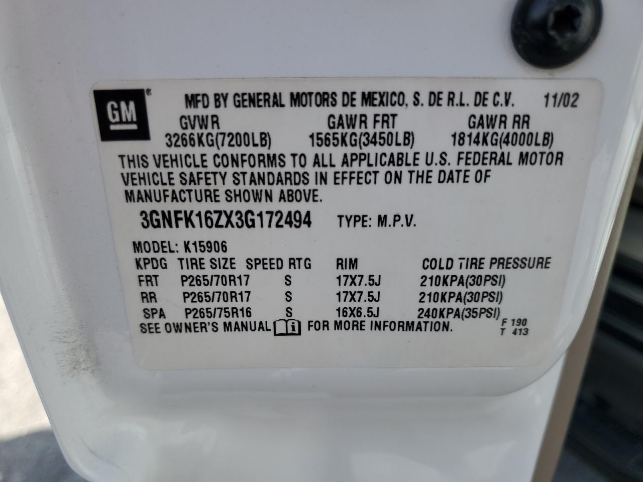 2003 Chevrolet Suburban K1500 VIN: 3GNFK16ZX3G172494 Lot: 62186325
