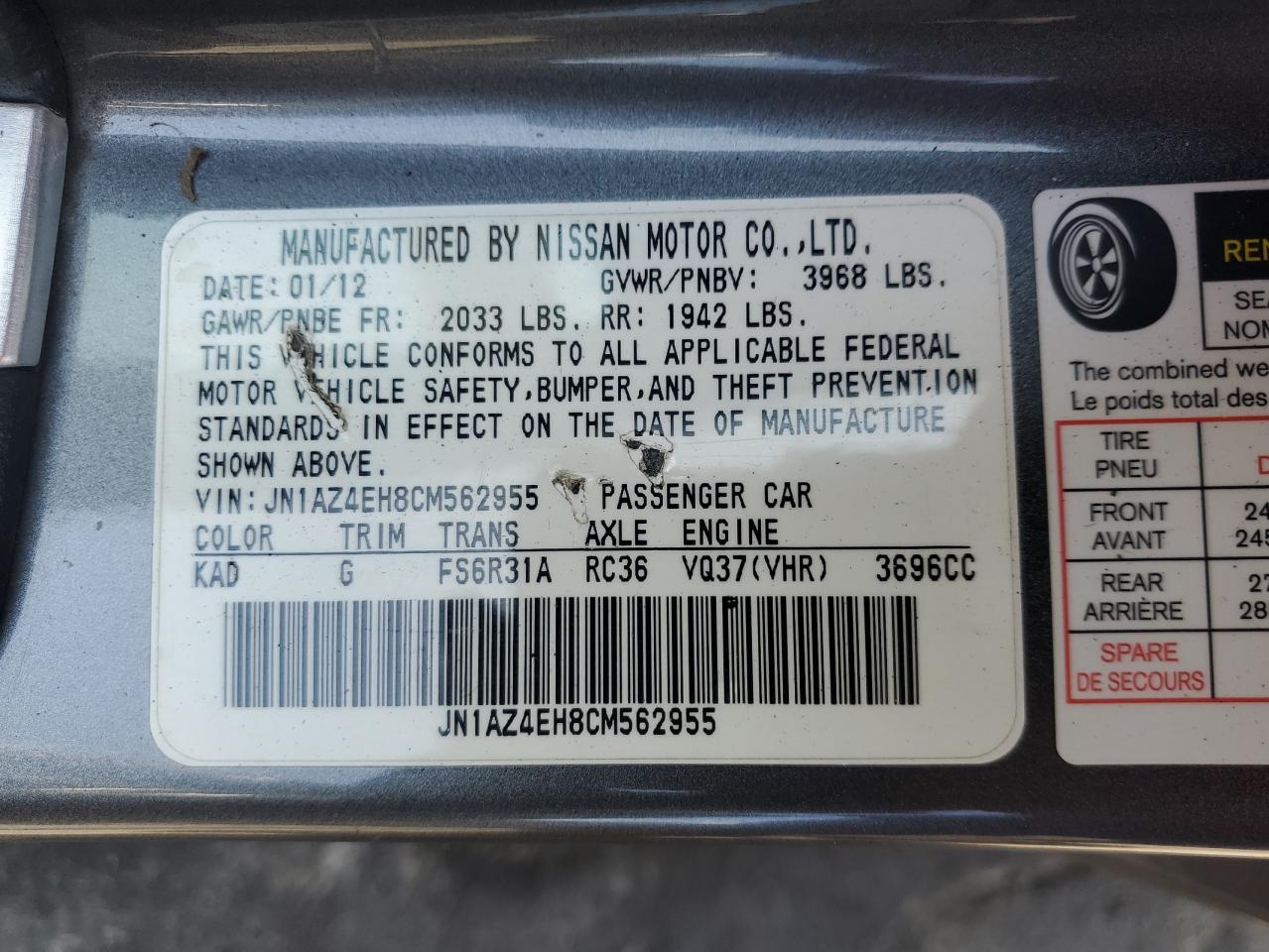 2012 Nissan 370Z Base VIN: JN1AZ4EH8CM562955 Lot: 62908465