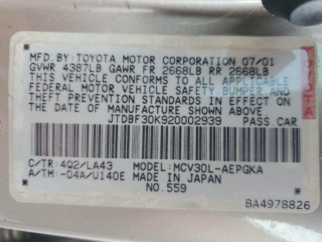 2002 Toyota Camry Le VIN: JTDBF30K920002939 Lot: 60267535