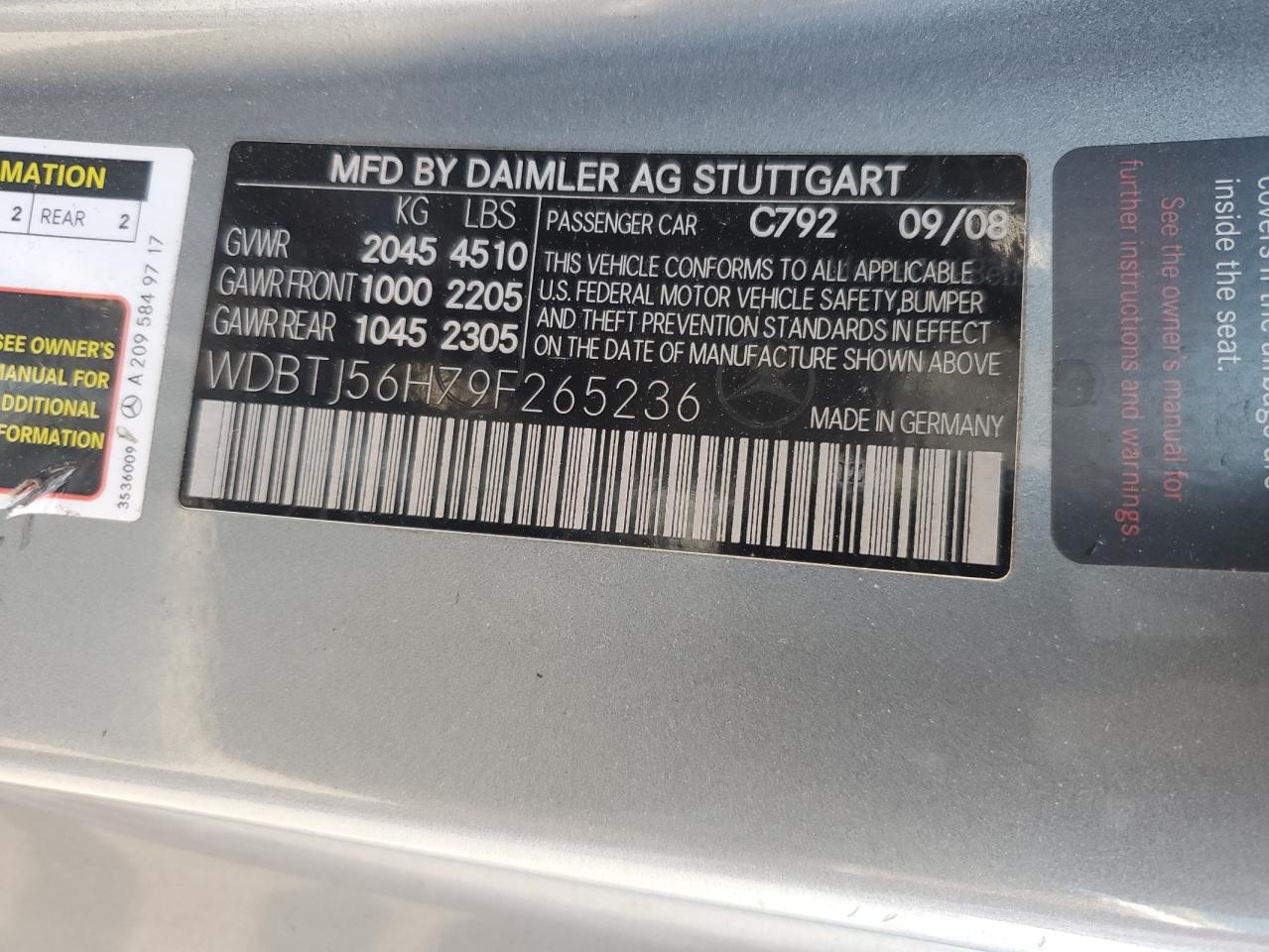 2009 Mercedes-Benz Clk 350 VIN: WDBTJ56H79F265236 Lot: 60116635