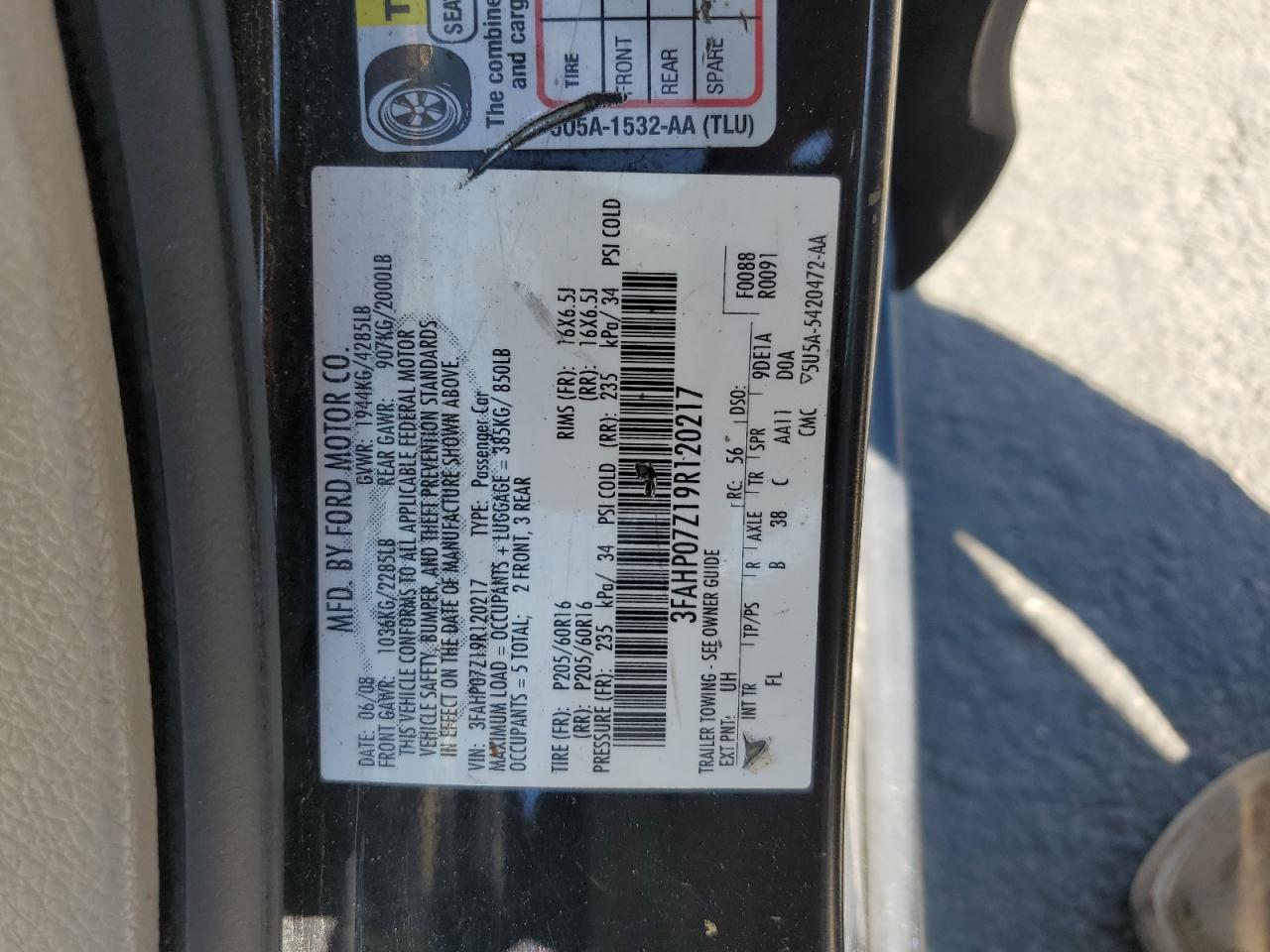 2009 Ford Fusion Se VIN: 3FAHP07Z19R120217 Lot: 58956505