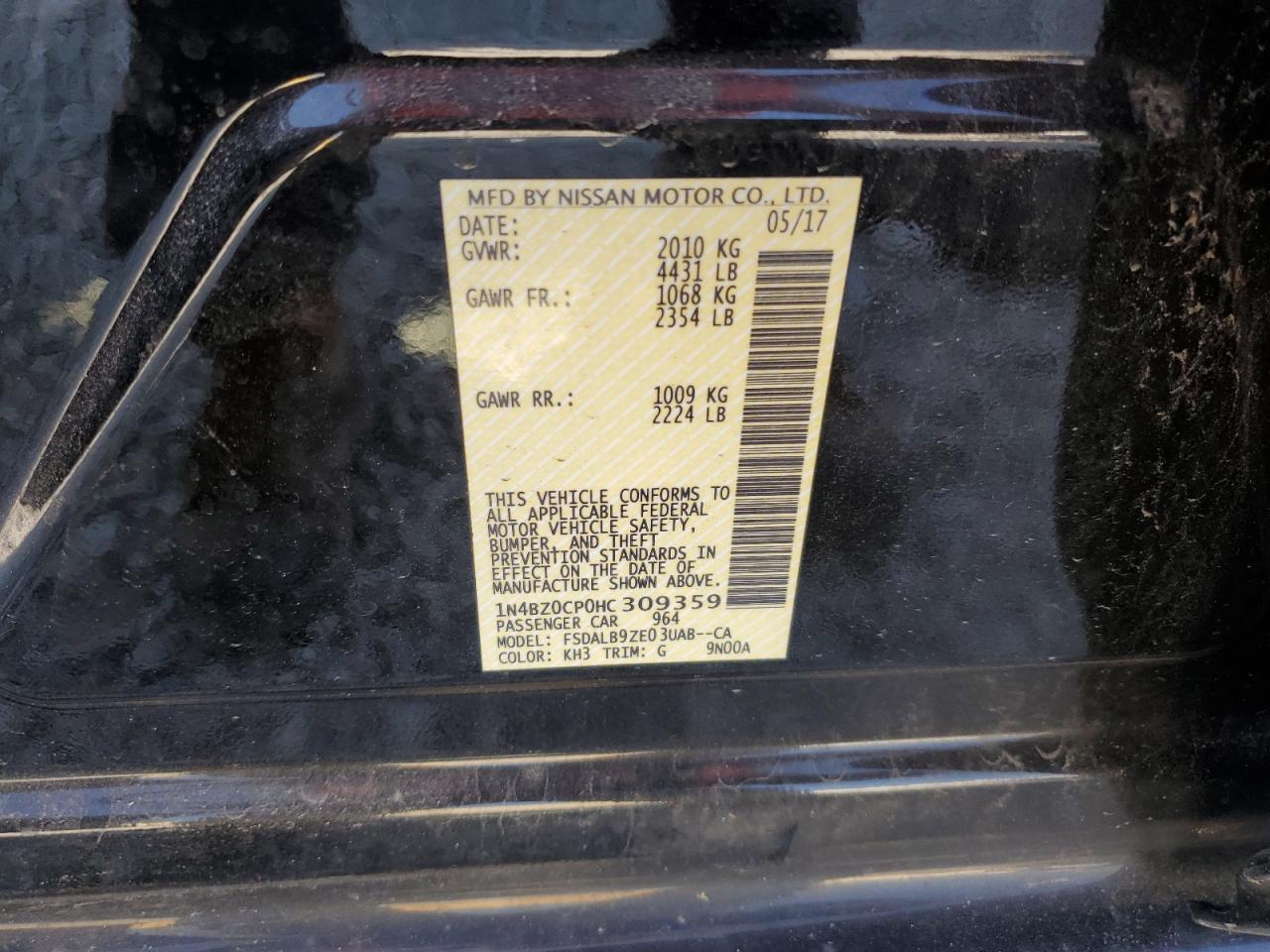 2017 Nissan Leaf S VIN: 1N4BZ0CP0HC309359 Lot: 62207185