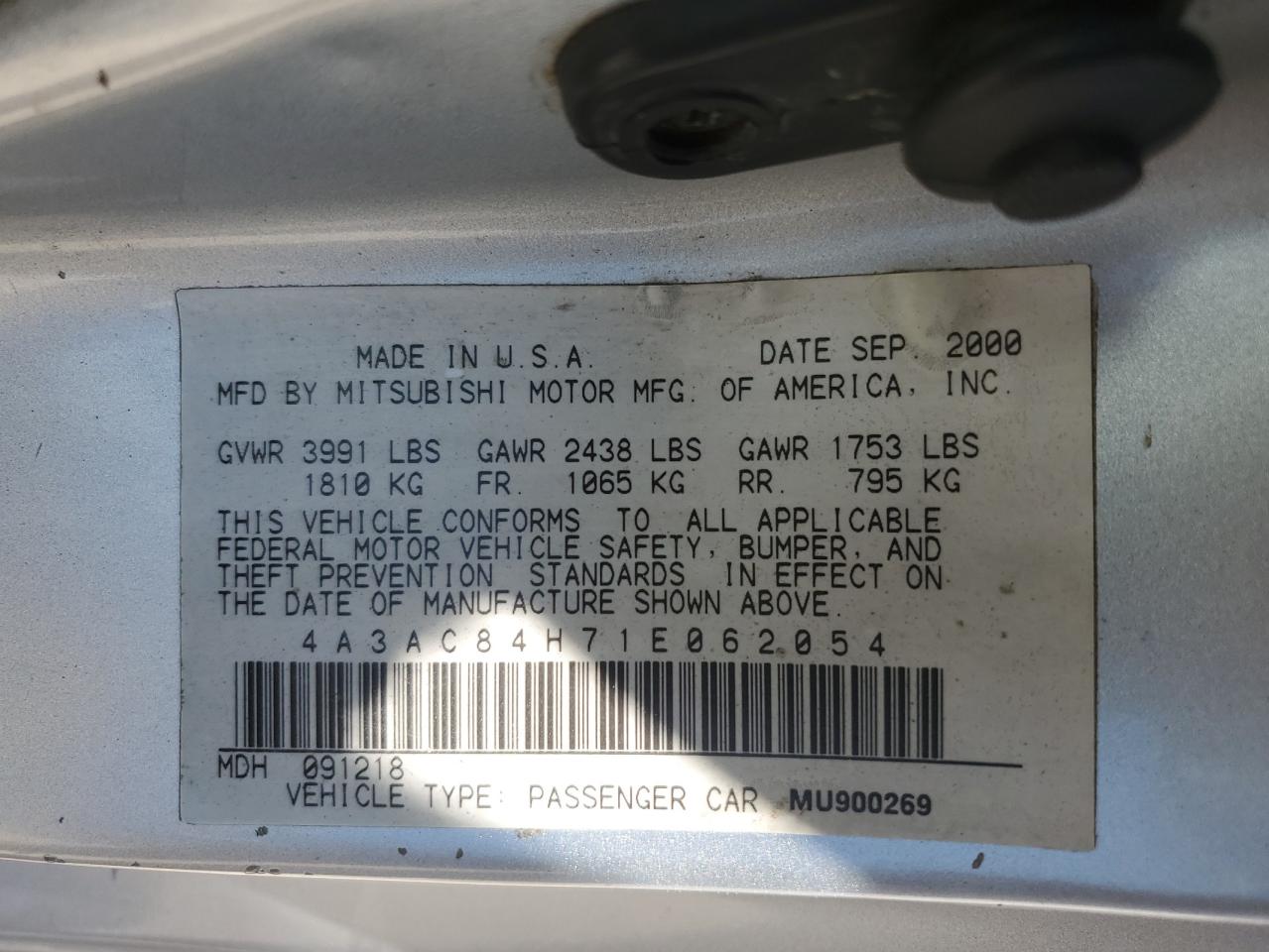 2001 Mitsubishi Eclipse Gt VIN: 4A3AC84H71E062054 Lot: 60821575