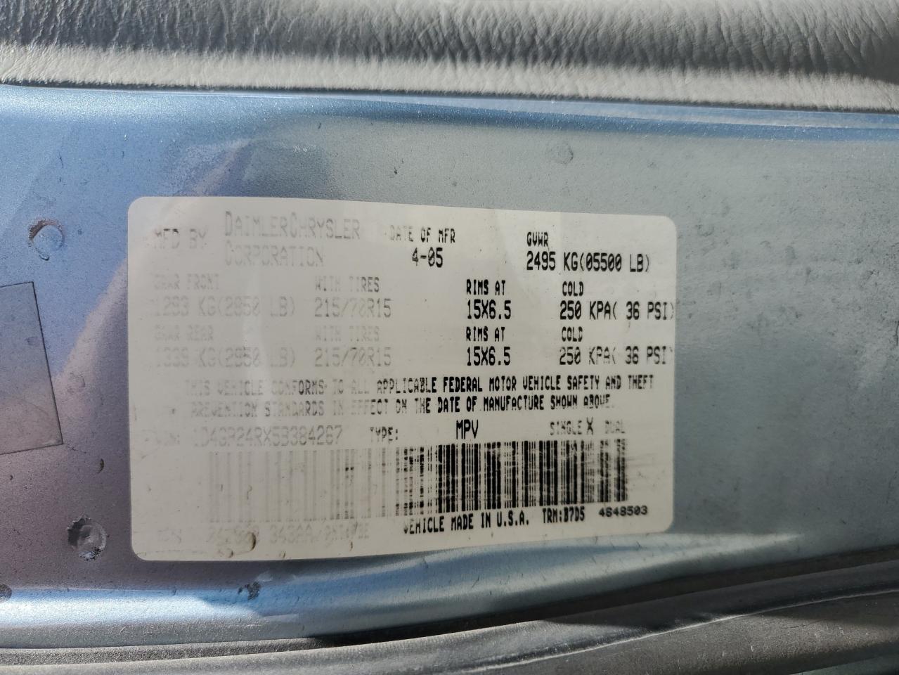 2005 Dodge Grand Caravan Se VIN: 1D4GP24RX5B384267 Lot: 59364325