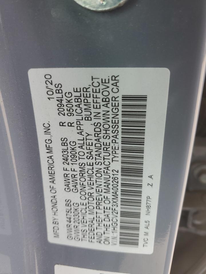 2021 Honda Accord Sport VIN: 1HGCV2F3XMA002612 Lot: 62735305