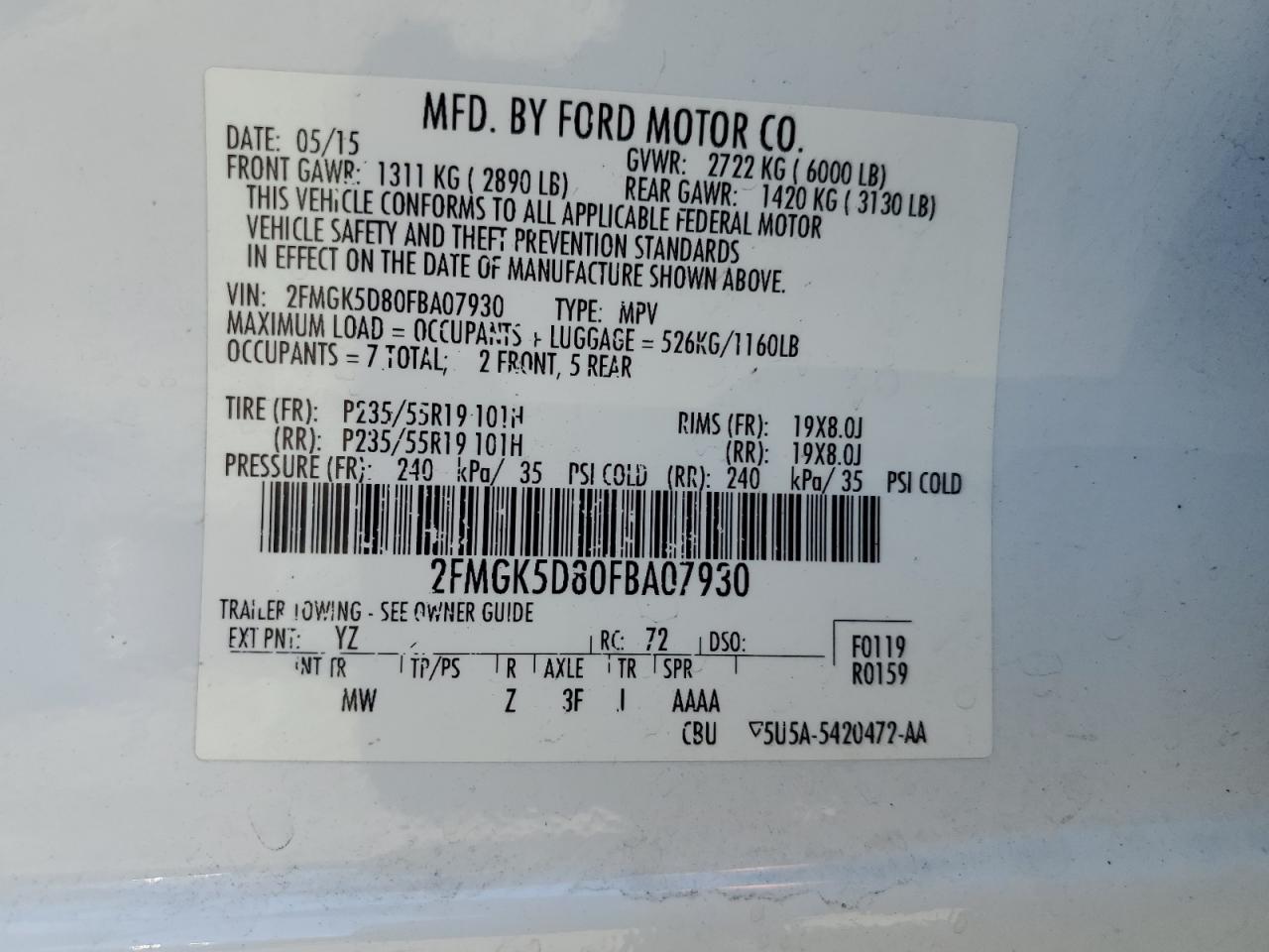 2015 Ford Flex Limited VIN: 2FMGK5D80FBA07930 Lot: 62191895