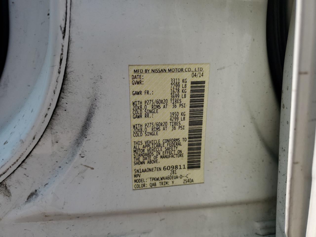 2014 Nissan Armada Platinum VIN: 5N1AA0NE7EN609811 Lot: 58990215