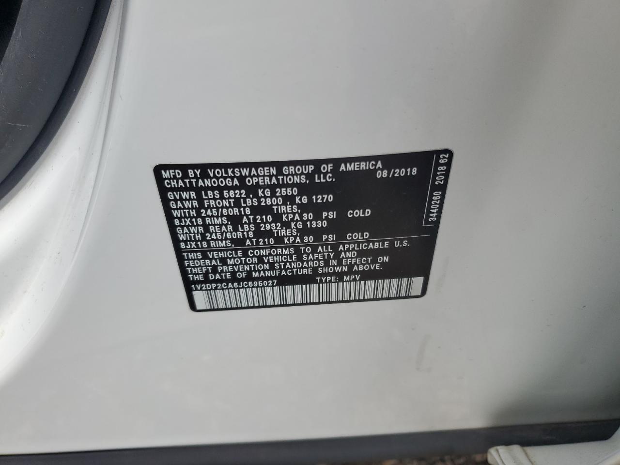 2018 Volkswagen Atlas Se VIN: 1V2DP2CA6JC595027 Lot: 62150505