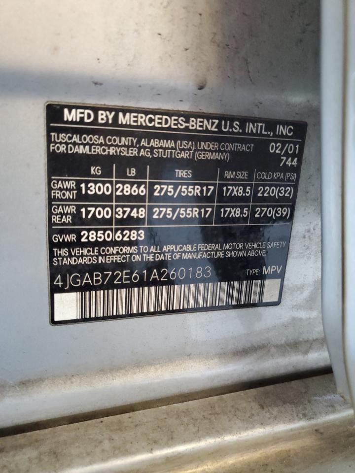 2001 Mercedes-Benz Ml 430 VIN: 4JGAB72E61A260183 Lot: 58892655