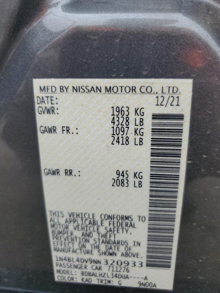 2022 Nissan Altima Sv VIN: 1N4BL4DV9NN320933 Lot: 63052505
