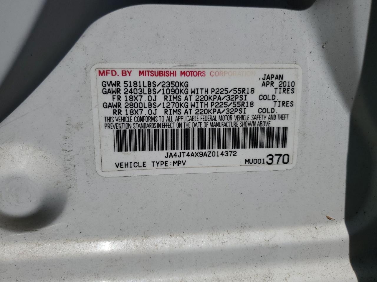 2010 Mitsubishi Outlander Xls VIN: JA4JT4AX9AZ014372 Lot: 62352775