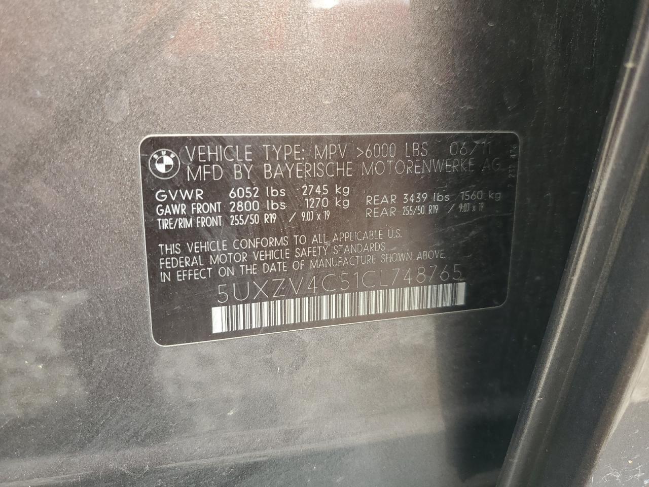 2012 BMW X5 xDrive35I VIN: 5UXZV4C51CL748765 Lot: 62339905